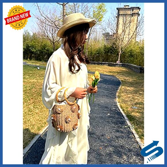 Straw Bucket Tote Bag Hand Woven Rattan Shell Pearl Flower Drawstring Purse - Picture 6 of 6